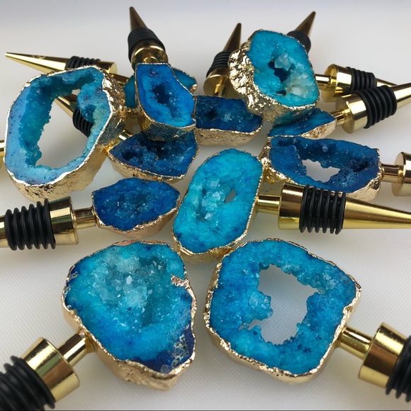 Blue Crystal Quartz Druzy Geode gold plated wine bottle stopper topper stone - Picture 11 of 11